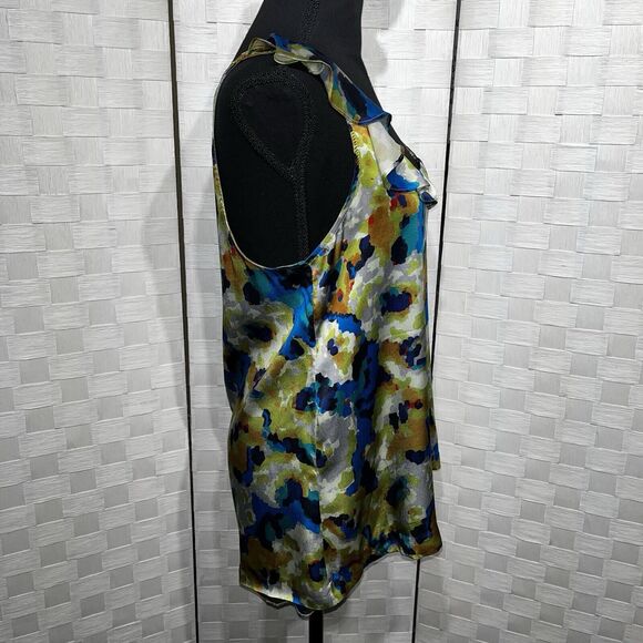 Theory Womens Silk Sleeveless Blouse Size Large Abstract Watercolor Ruffle Tank - Picture 3 of 12